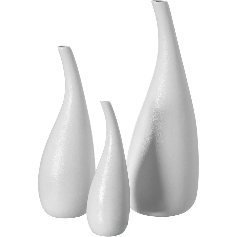 White Contemporary Unique Teardrop Shaped Ceramic Table Vase Flower Holder, Set